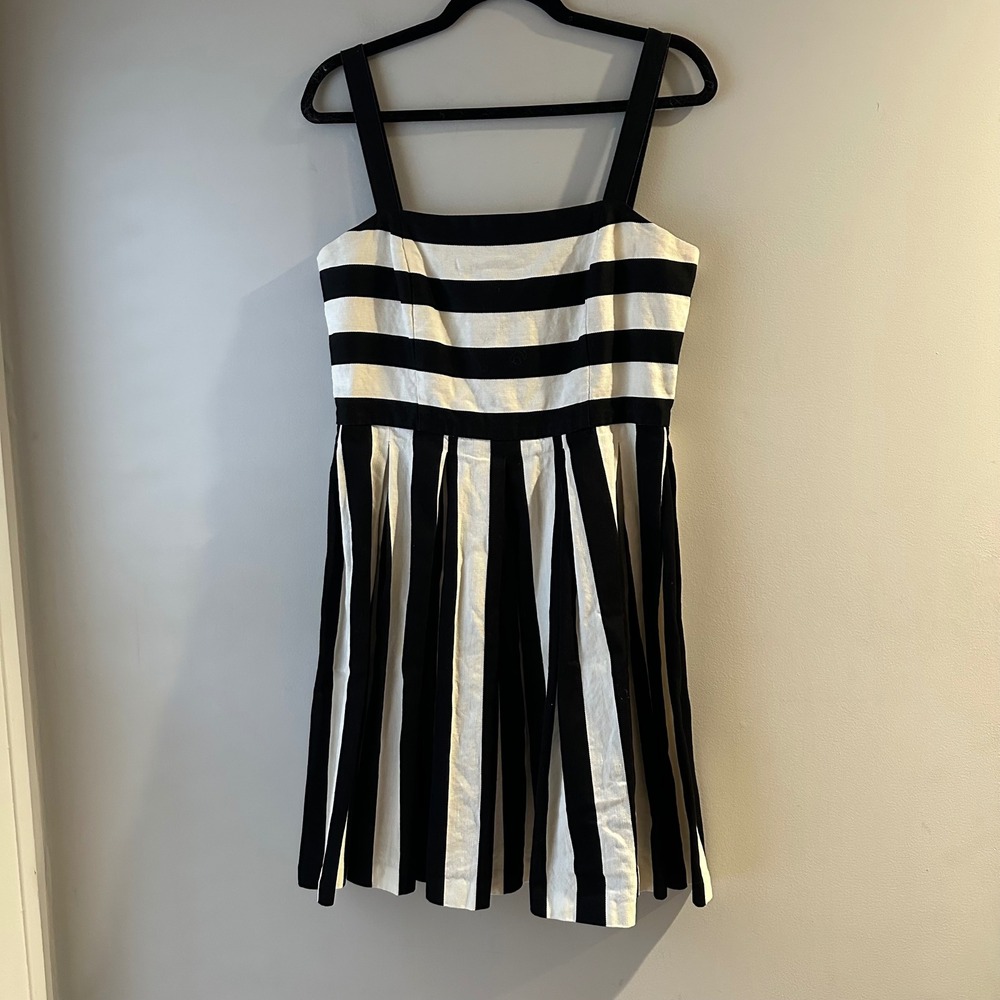 Ann Taylor Loft Black White Striped‎ Cotton Linen Pleated Fit Flare Dress Sz 8